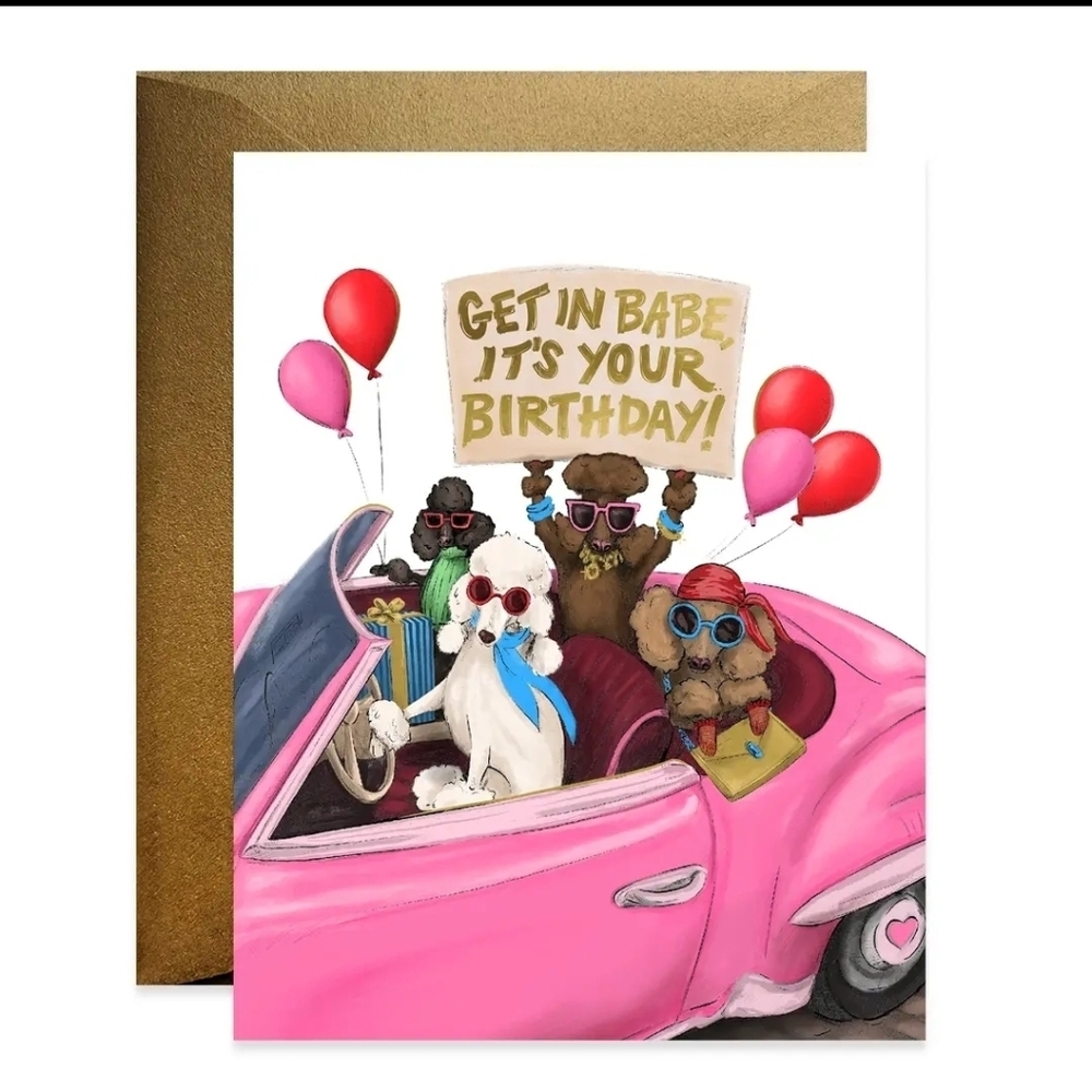 Charming Pink Birthday Card with Dogs and Balloons